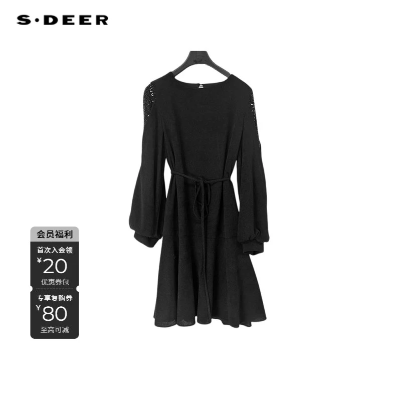 S·DEER圣迪奥气质灯芯绒轻奢时尚百搭女士黑色连衣裙S253Z1236