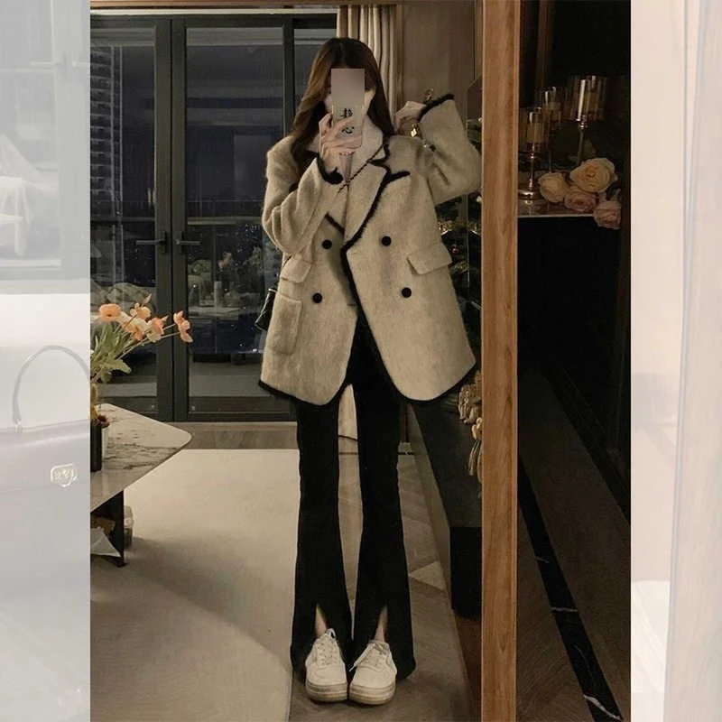 女款流行秋冬新款爆款毛呢外套百搭时尚黑色韩版小个子女大衣流立