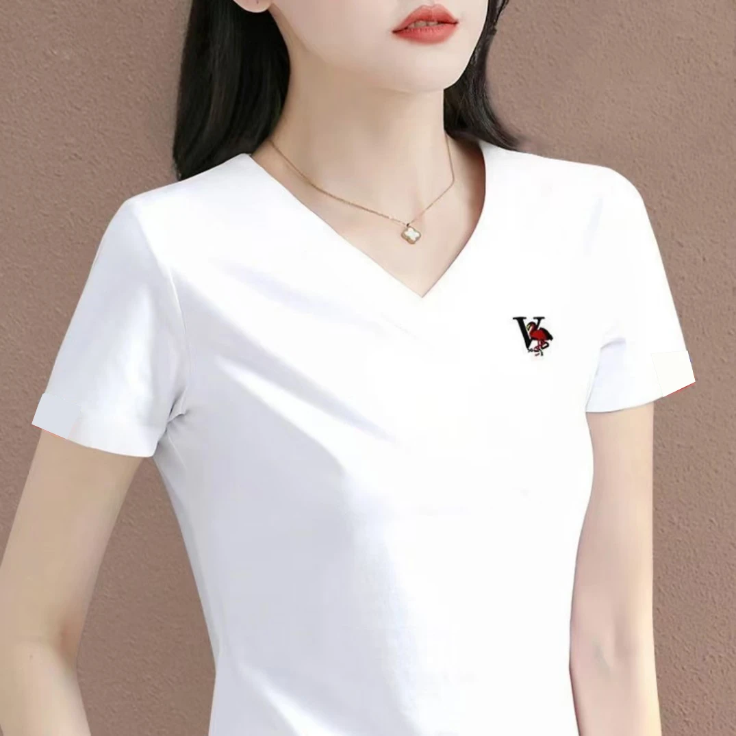 春夏季V领短袖T恤流行款上衣宽松休闲白色半袖打底T恤上衣