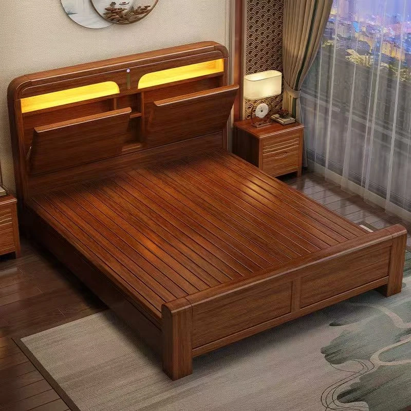 胡桃木实木床现代简约1.5米1.8双人储物主卧实木床工厂直销床头柜