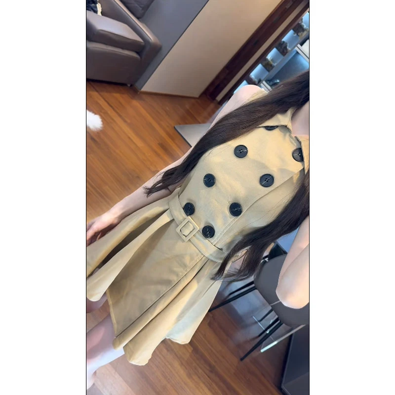 法式复古轻熟风高级感收腰显瘦无袖翻领连衣裙质感双排扣风衣短裙