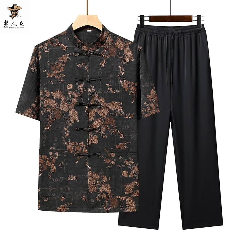 中国风中式唐装短袖夏季爸爸提花服装凉爽上衣薄款中老年立领衬衫