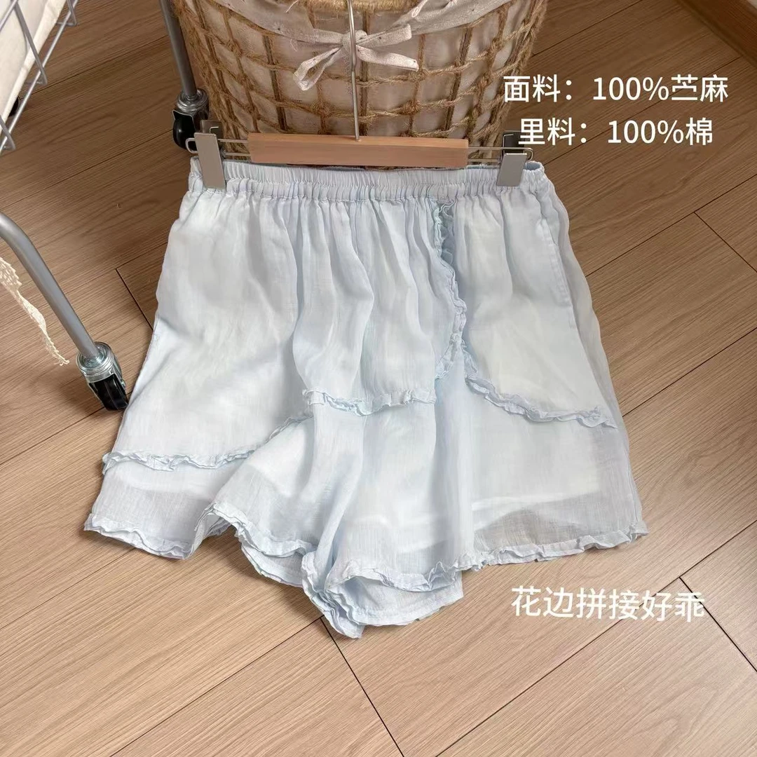 小柒家A0043-蓝色薄款松紧腰休闲短裤苎麻木耳边设计
