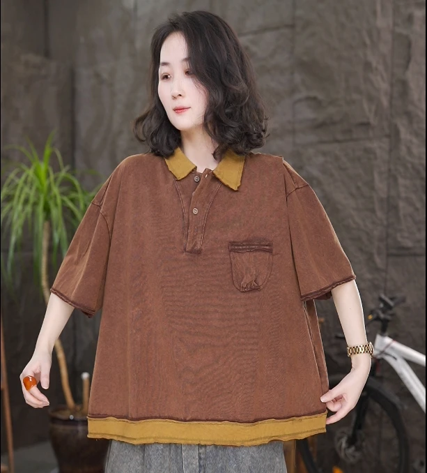 夏季新款复古新中式撞色拼接POLO领短袖上衣宽松大码休闲百搭T恤