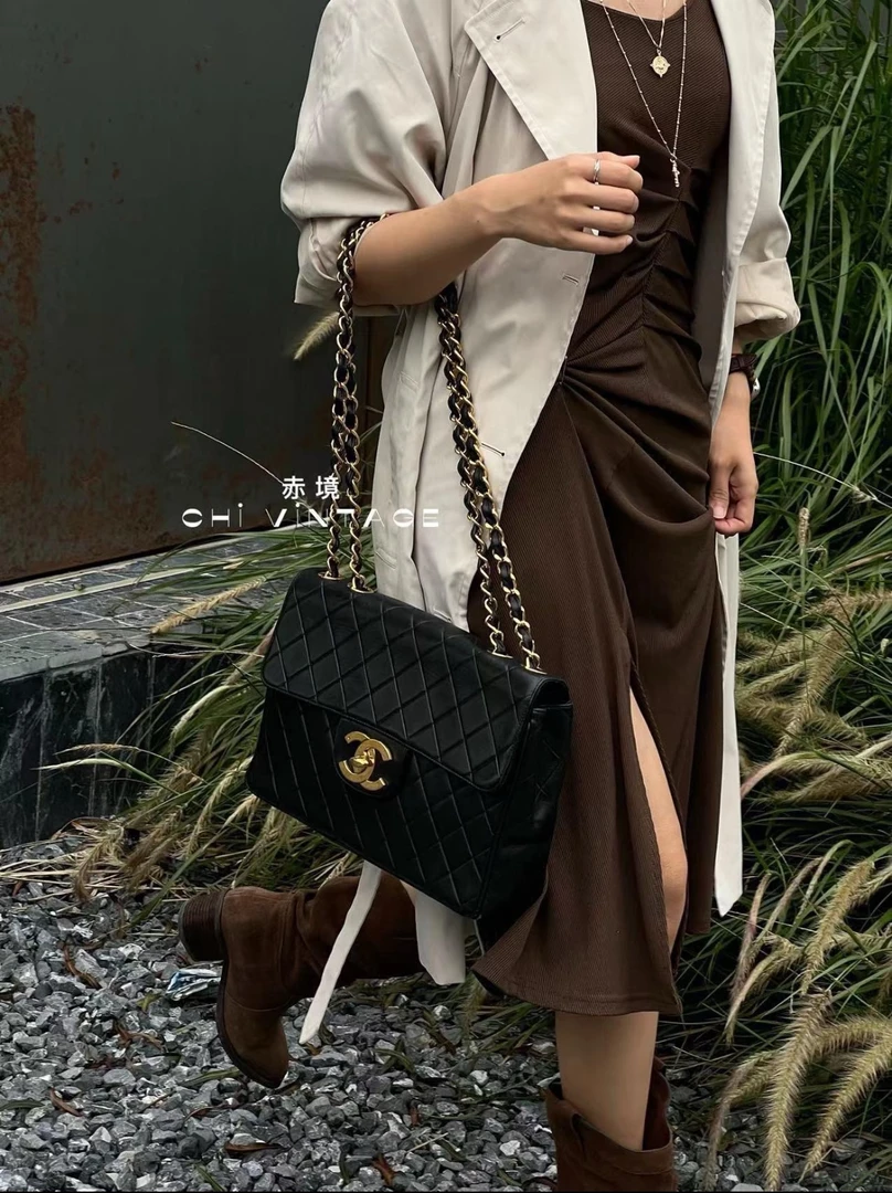 95新 Chanel/香奈儿 0193 黑金羊皮贝嫂34单肩包 91-94