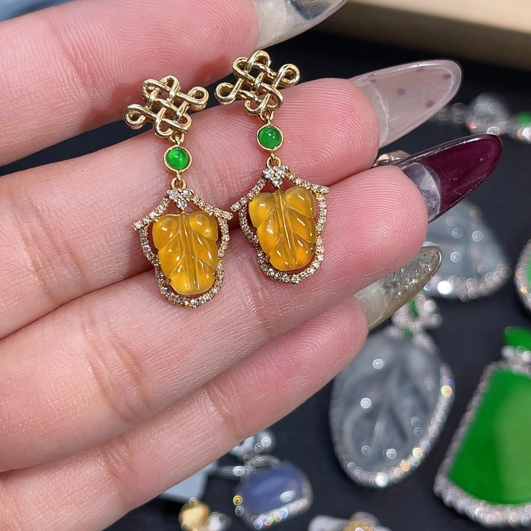 翡翠18K金镶嵌耳饰叶子