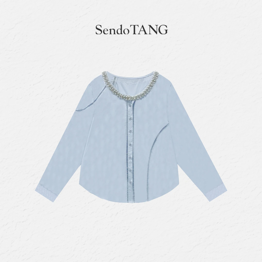 重工钉珠领口蓝色衬衫【佳人书】新款时尚遮肉显瘦上衣大码女装