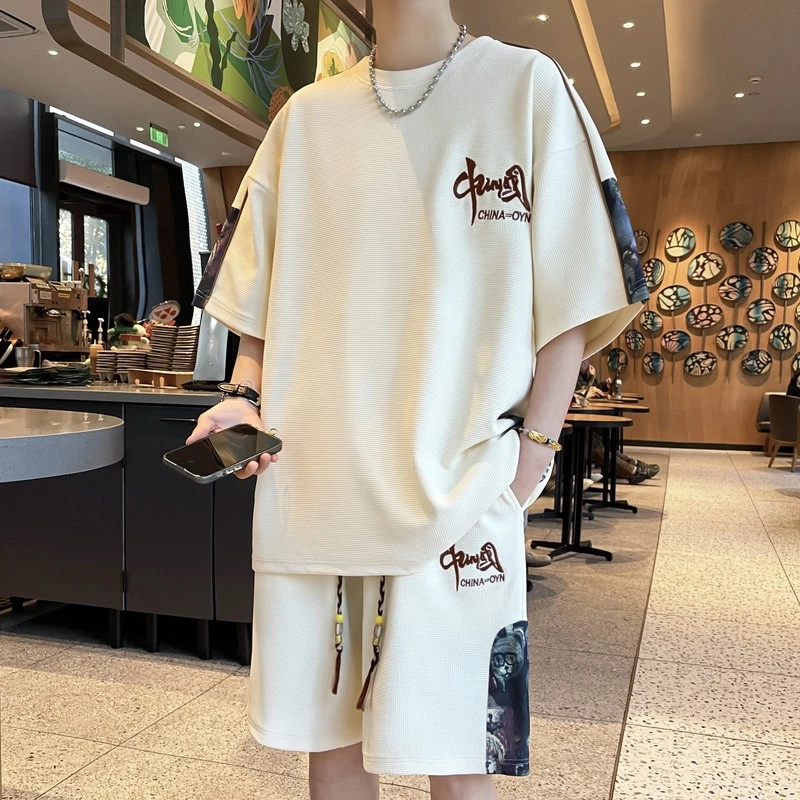 新中式国风休闲运动套装男夏季大码t恤男短袖短裤两件套帅气夏装