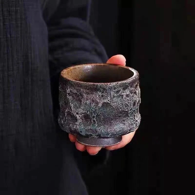 椿几许冰烟虫洞竹节主人杯粗陶原矿铁胎泥容量120cc复古