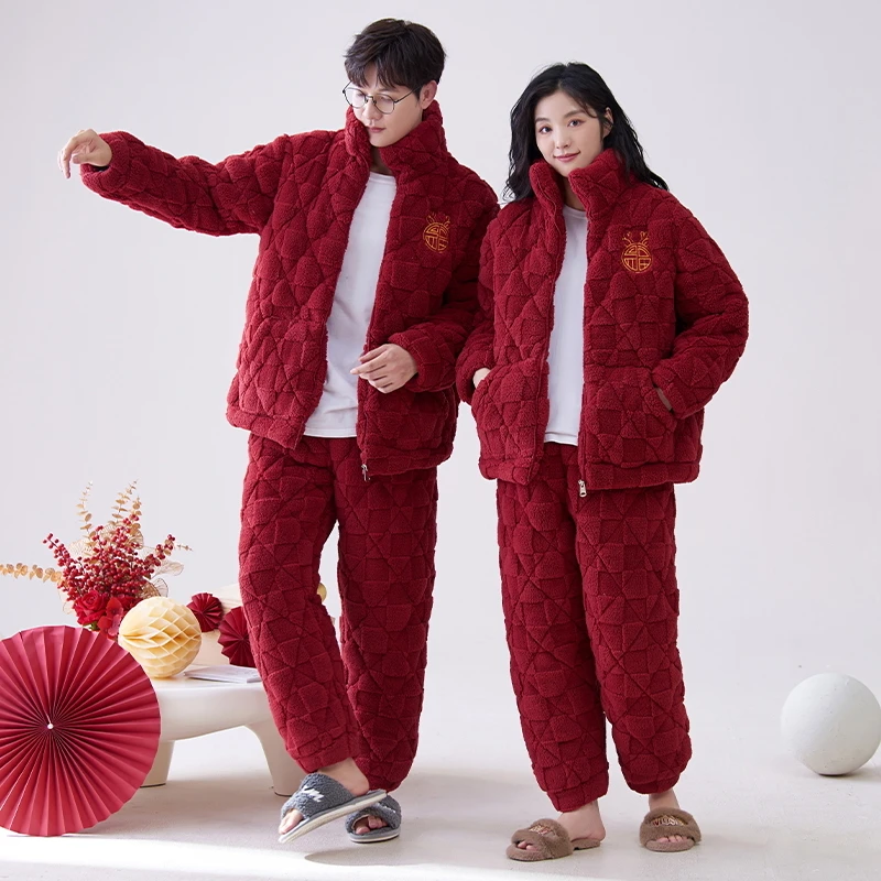 2024年情侣新款冬季加厚三层夹棉睡衣男女情侣款保暖家居服可外穿
