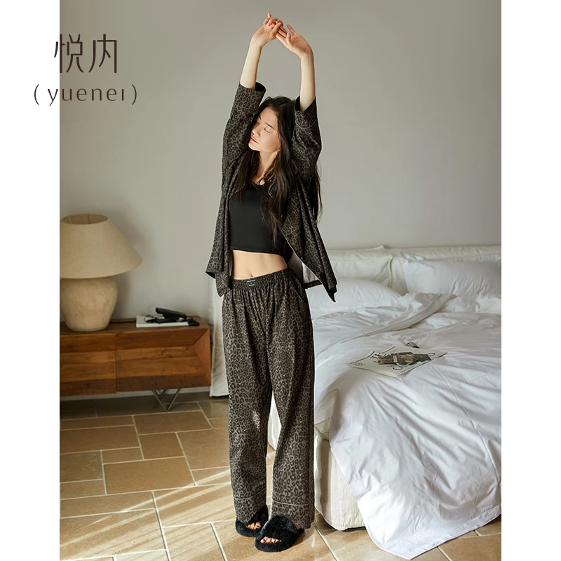 悦内睡衣女款春秋季纯棉长袖家居服休闲时尚豹纹高级感可外穿出门