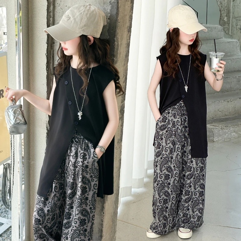 女童夏季无袖套装2025新款慵懒风女大童复古气质时尚阔腿裤两件套