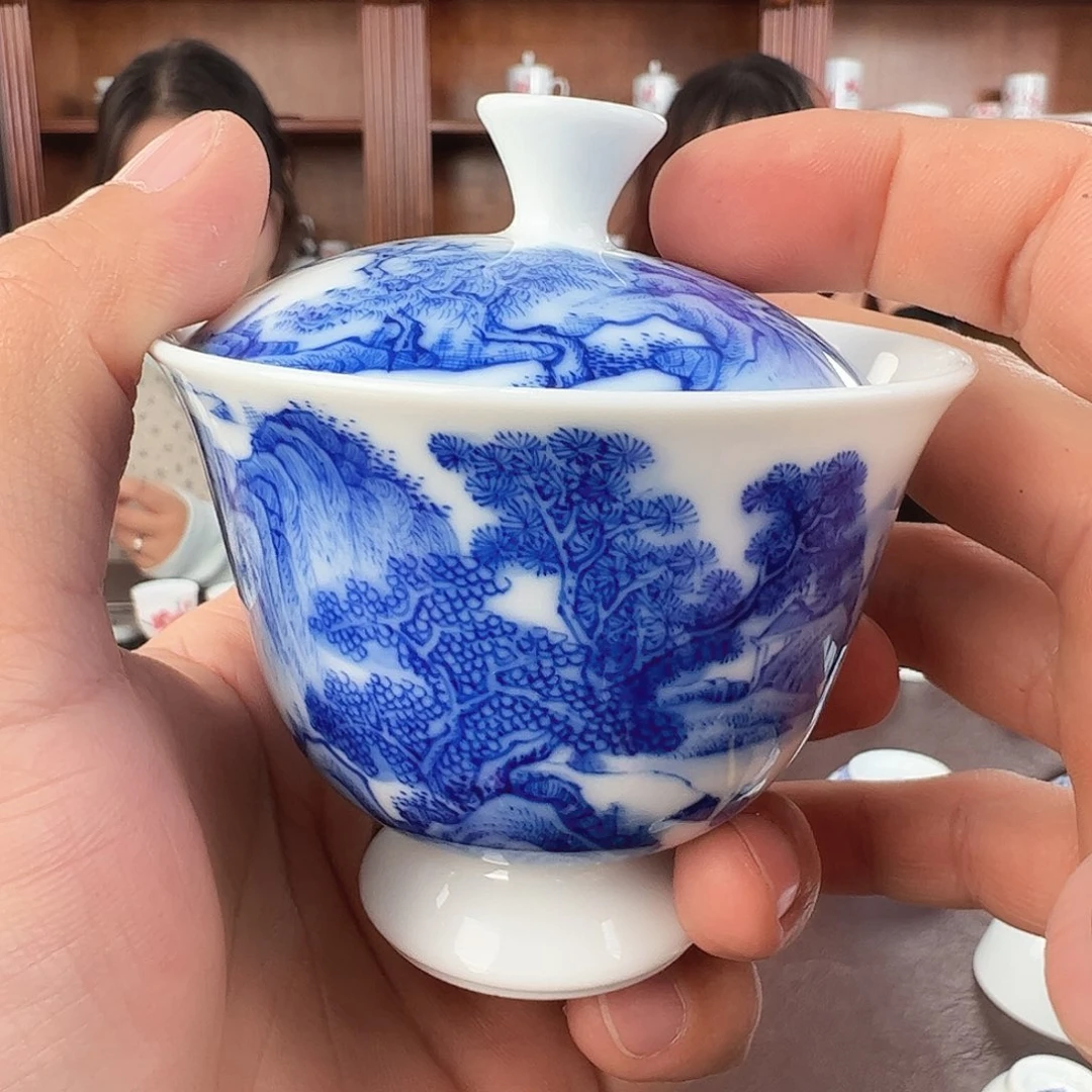 瓷柴窑青花山水两才盖碗