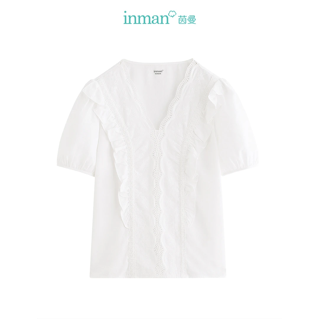 【商场同款】茵曼花边V领绣花衬衫女装新款泡泡袖衬衣