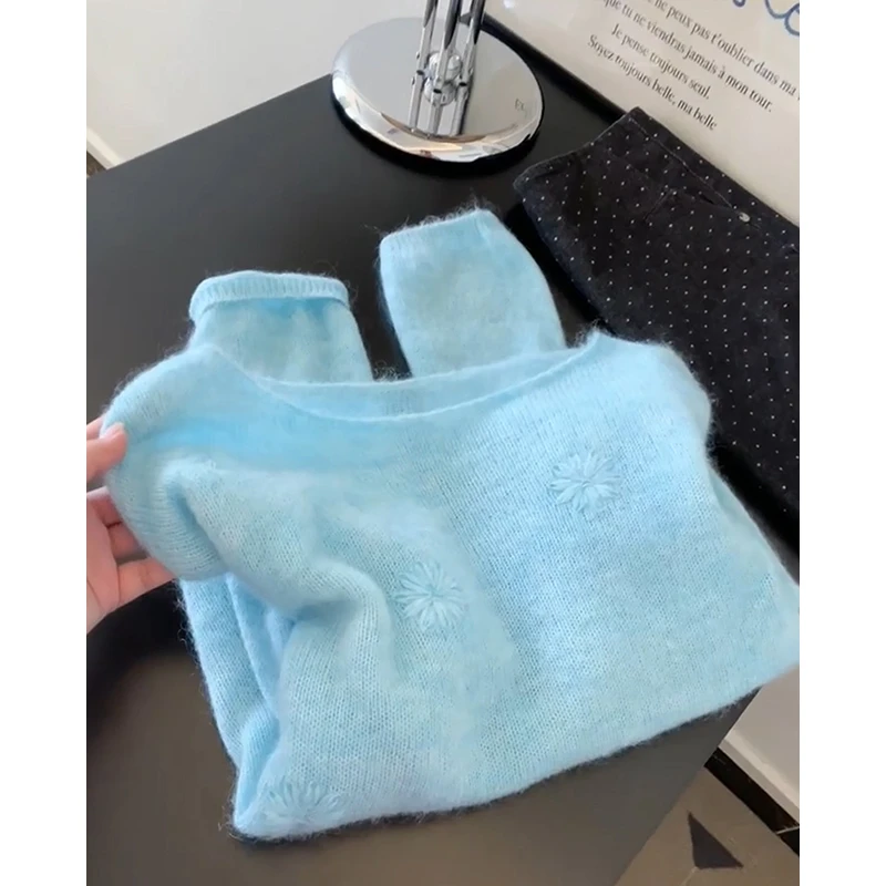 韩系多巴胺花朵刺绣针织毛衣女秋季新款独特超好看内搭打底衫上衣