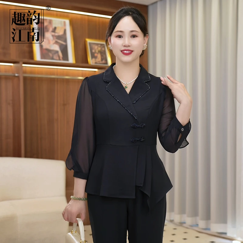 妈妈装新中式套装中老年女纱袖拼接小衫阔腿裤显瘦两件套