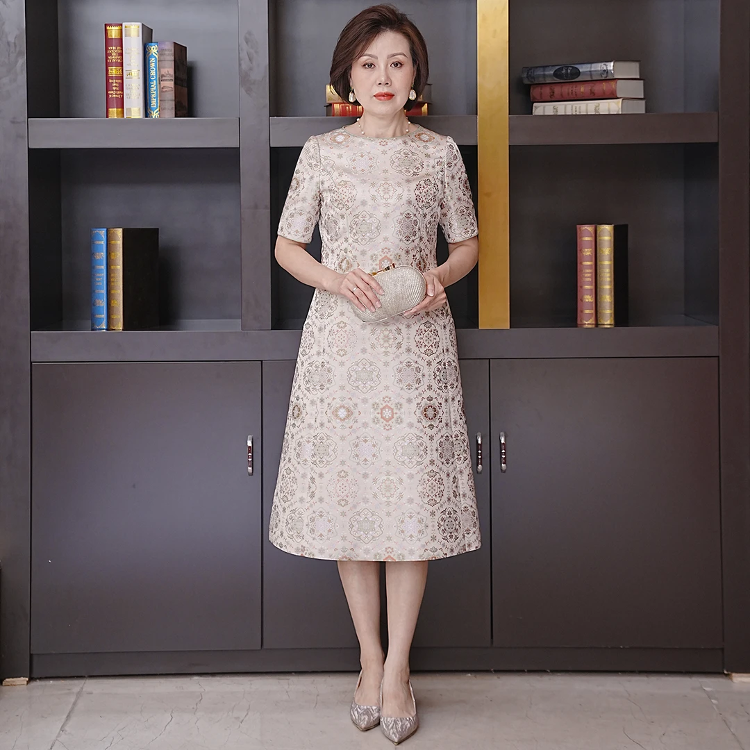 YINGDAK/应大香槟金色A摆新中式花纹连衣裙喜婆婆喜妈妈场合装