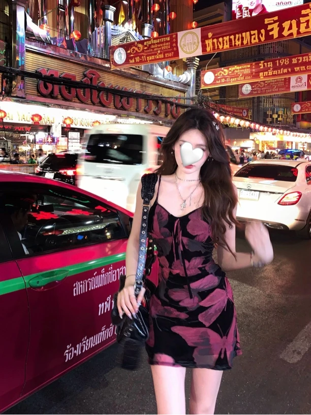 【丸子家】大码复古辣妹蝴蝶印花纯欲风吊带裙短3620长3619