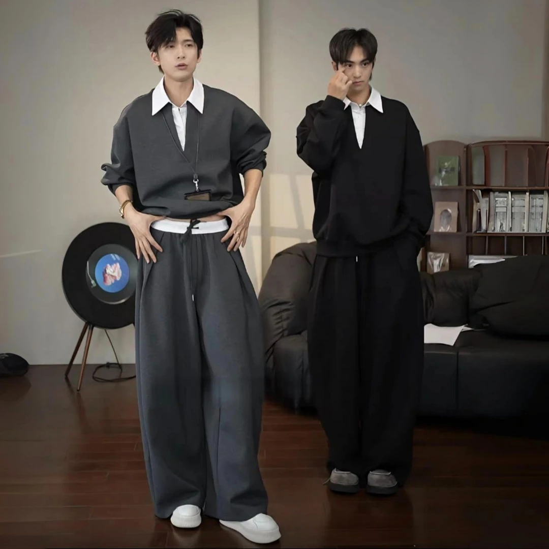 秋季新款男士时尚潮流休闲高级感重磅韩版气质假两件拼接卫衣套装