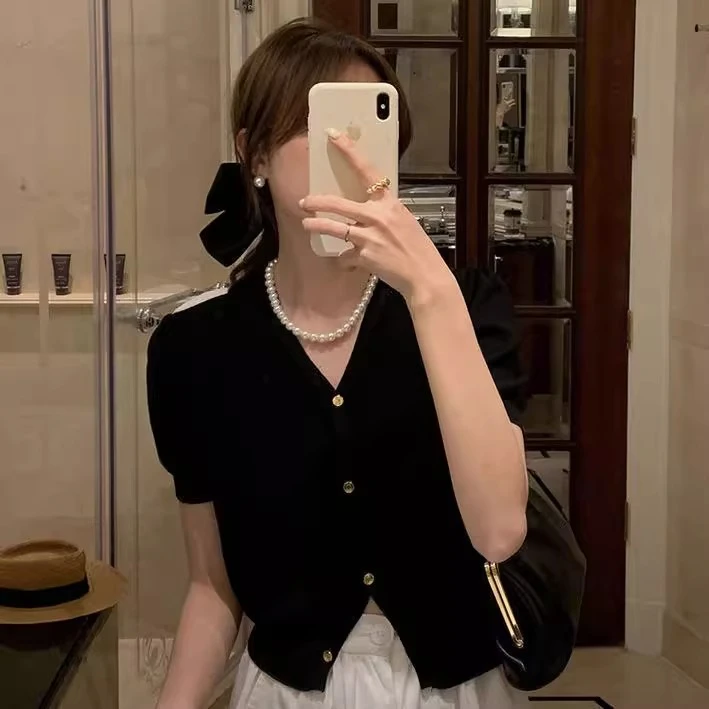 冰丝短袖v领黑色小香风针织开衫女夏季薄款设计感短款泡泡袖上衣