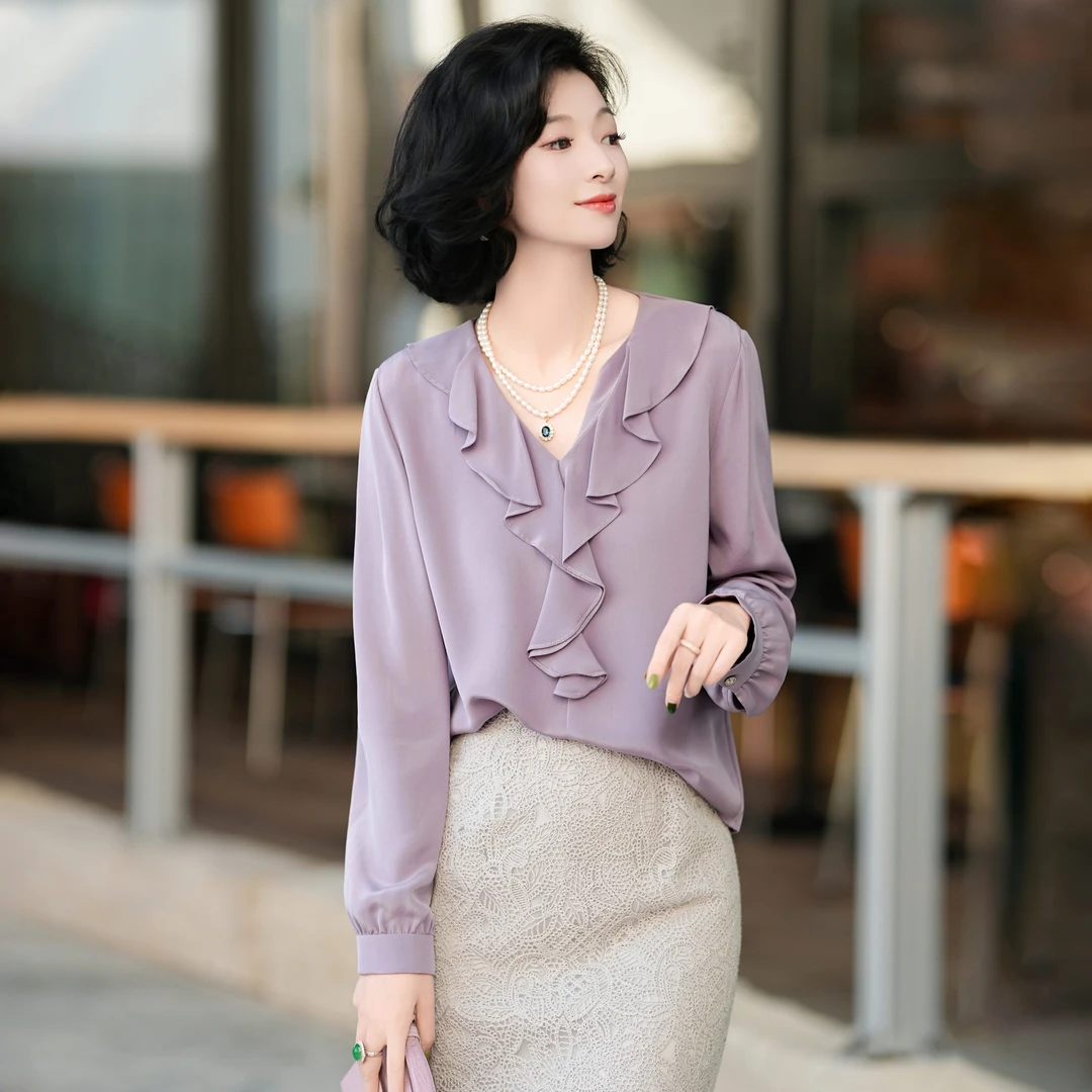 西子/【紫雾晨光】6A级重磅23姆米桑蚕丝V领荷叶边衬衫/SYBH941