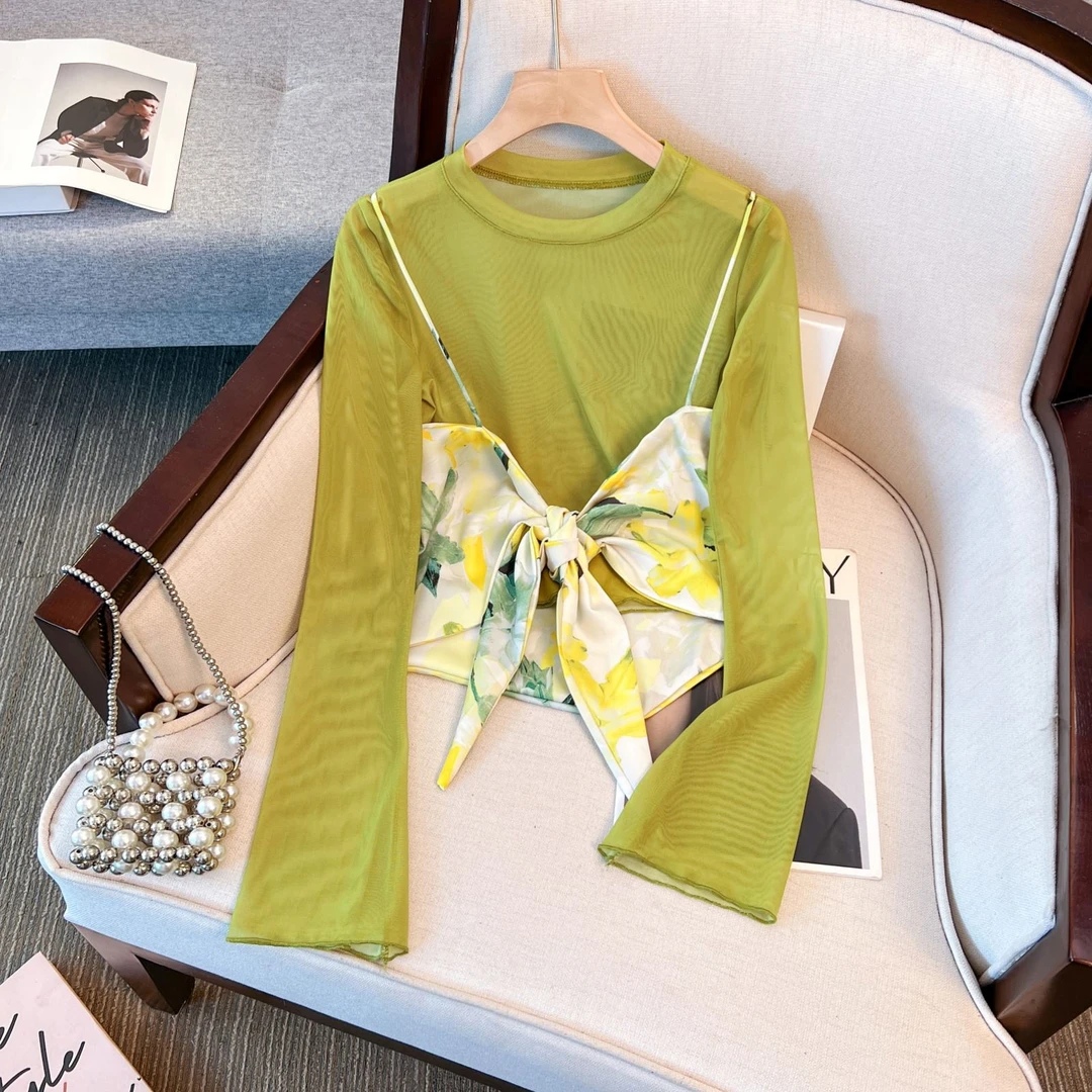 夏季新款时尚气质吊带背心设计感高级油画风两件套网纱上衣防晒衫