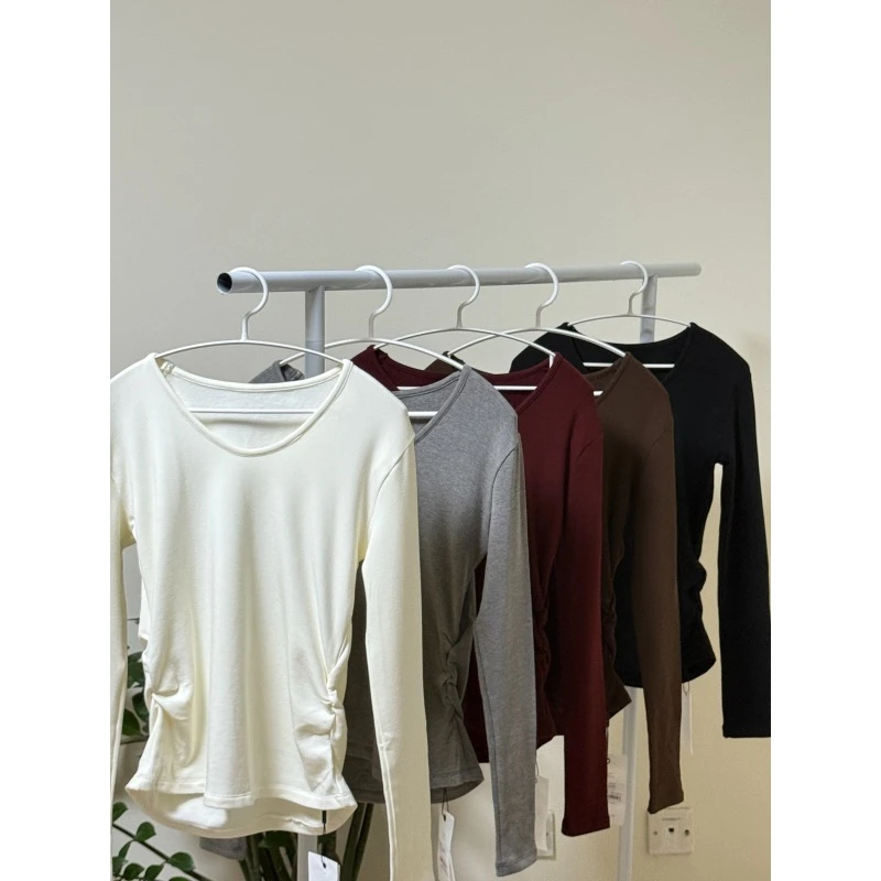 2024秋冬新款显白v领长袖T恤女内搭辣妹褶皱收腰打底衫上衣百搭