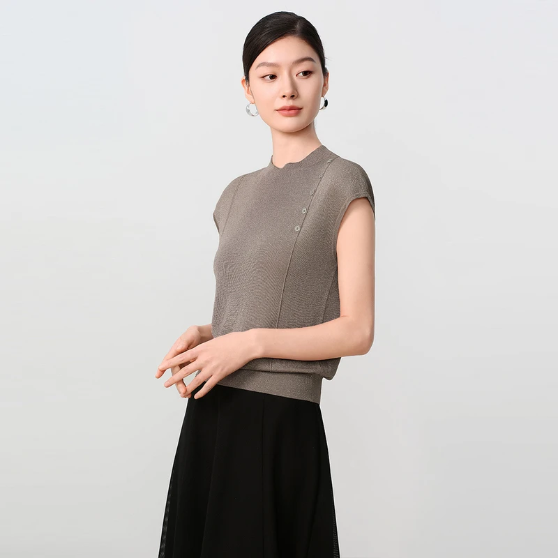 dunnu2025夏季新款气质圆领显瘦百搭亮丝针织衫女上衣