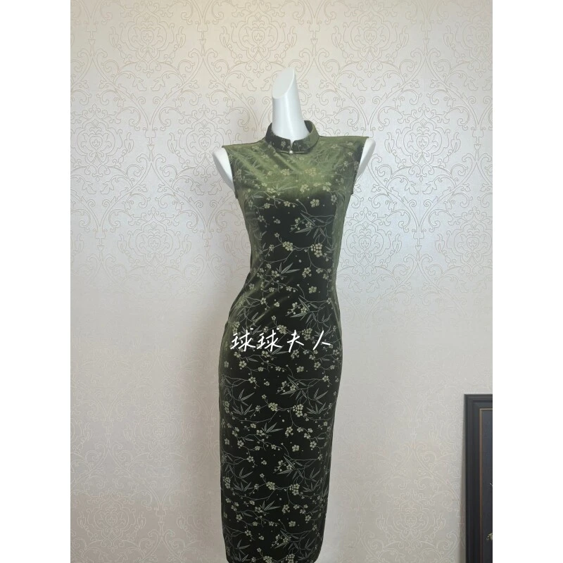 画梅）120cm早秋新品单层绿色后拉链新款显瘦显气质无袖旗袍中国风