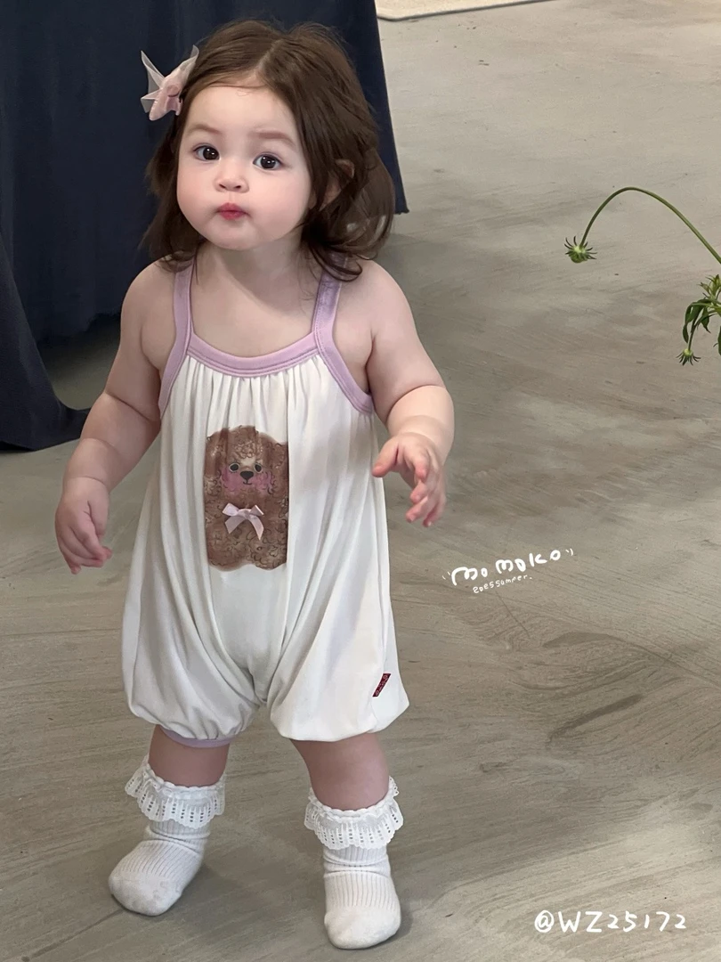 丸纸夏季新款宝宝卷毛小狗连体吊带爬服