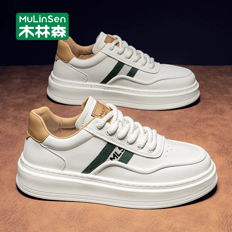木林森板鞋男士2025年新款秋季透气运动休闲皮鞋工作软底增高潮鞋