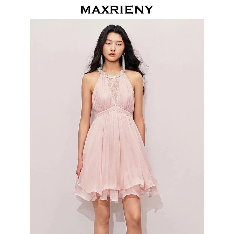 （丫头4）【商场同款】优雅浪漫风蜜桃粉娃娃裙高级气质感修身显瘦