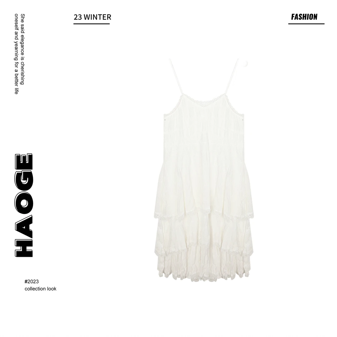 【白开水】C4LYQ5195时尚百搭网红设计法式轻奢白色长款吊带连衣裙