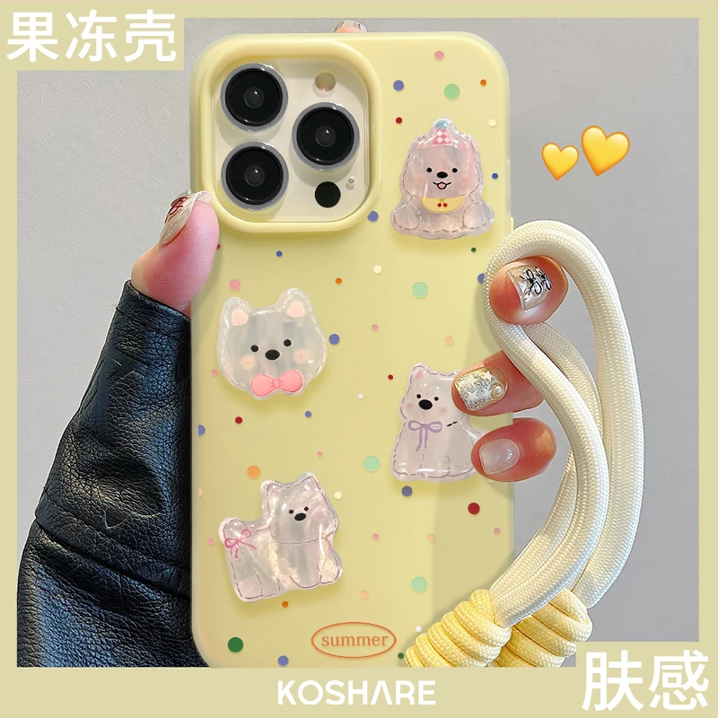 波点小狗公仔适用苹果15女款iPhone16promax果冻二合一肤感手机壳