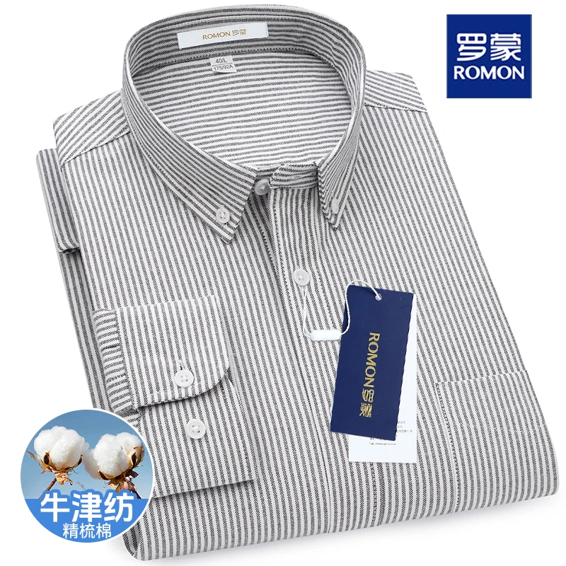 罗蒙高级感纯棉男士衬衫灰色条纹休闲工装牛津纺长袖透气商务衬衣