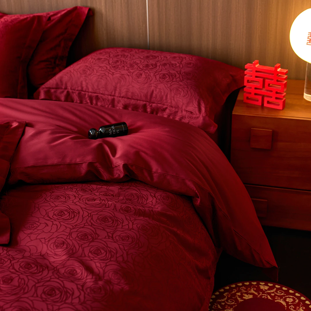 法式高端家纺轻奢玫瑰100支长绒棉结婚四件套暗红色全棉纯棉被套