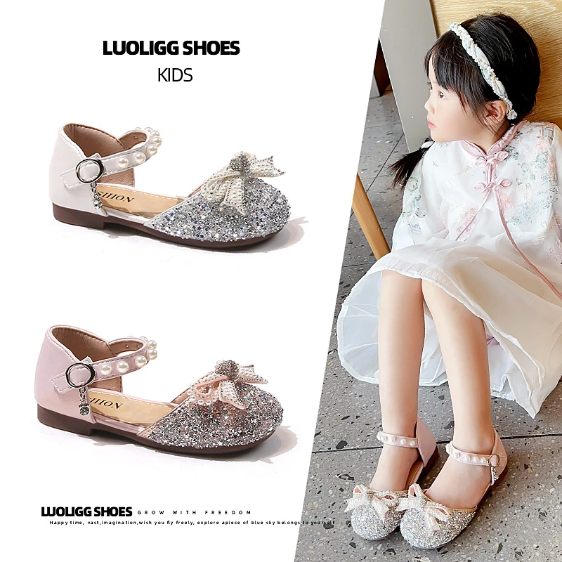 女童公主鞋春夏季儿童包头蝴蝶结软底百搭小香风水晶鞋时尚演出鞋