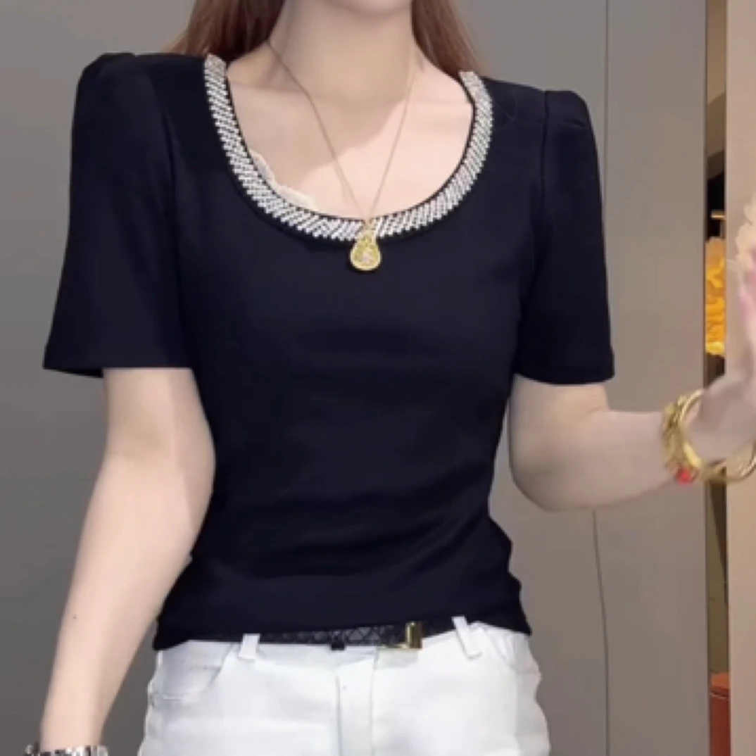 名媛气质U领钉珠修身显瘦T恤女洋气百搭弹力短袖上衣半袖