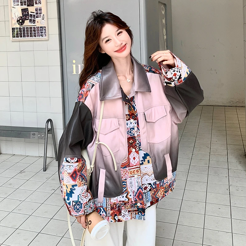 韩系设计感精致百搭上衣女秋季新款时尚显瘦减龄渐变皮拼接外套