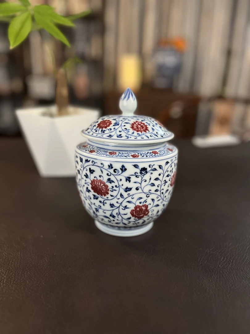 景德镇陶瓷全手工手绘原矿青花釉里红中式四季花卉茶叶罐家用茶具