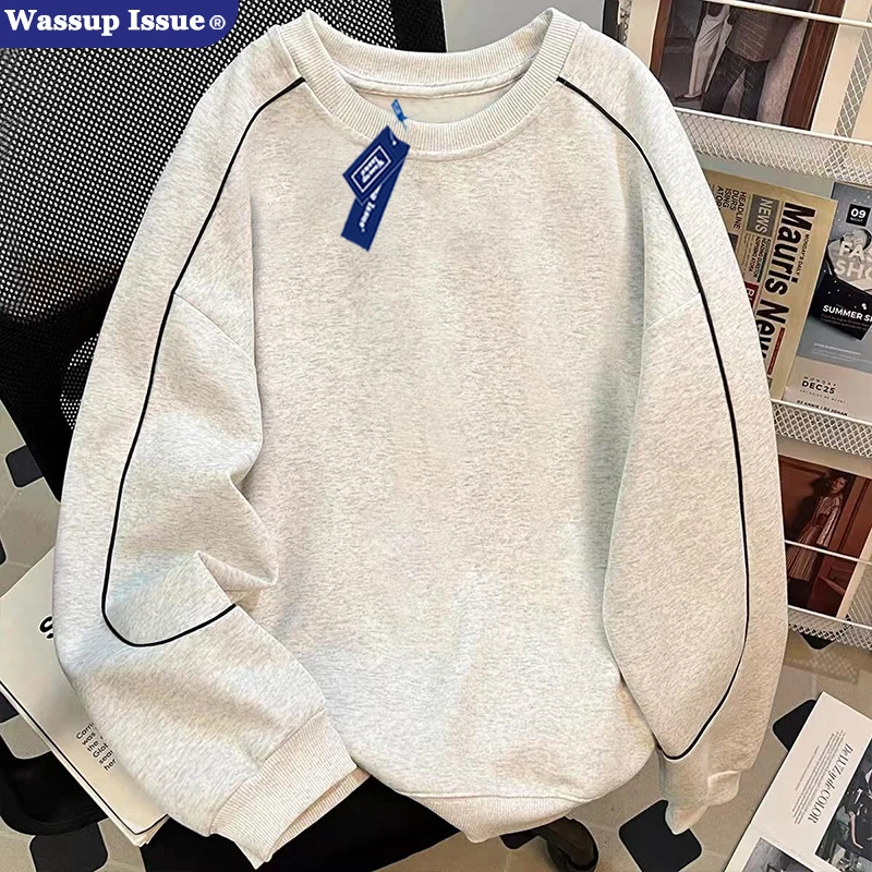 WASSUP ISSUE双色线条设计感重磅圆领卫衣男秋季学院风休闲卫衣潮