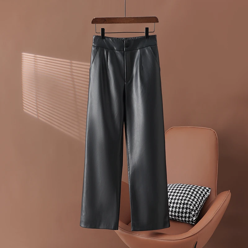 海宁真皮阔腿裤女2025春季新款高腰九分裤绵羊皮宽松裤直筒皮裤潮