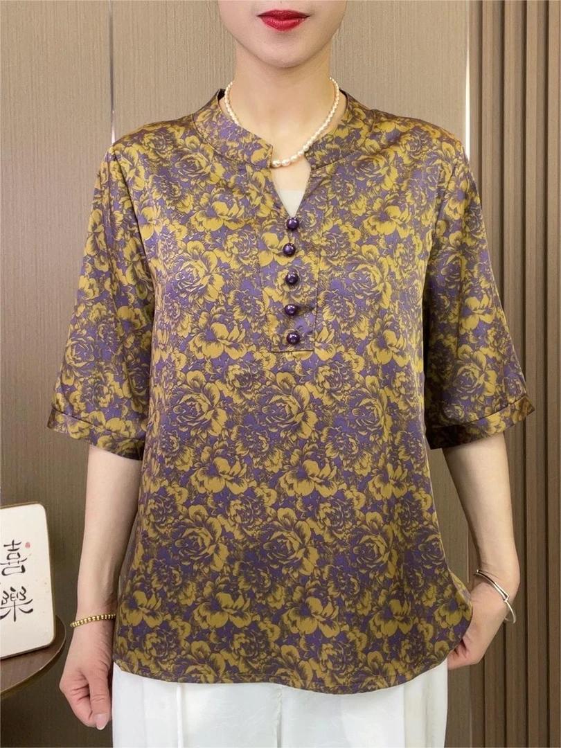 25新款V领宽松印花气质小衫妈妈装遮肉显瘦[紫金花海 ]