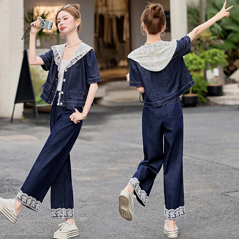 蕾丝拼接牛仔三件套2025新款夏季洋气成套穿搭设计感裤子短袖女装