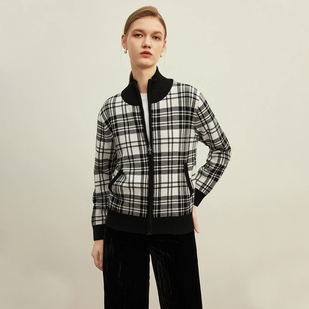 时尚百搭格纹针织衫女秋季设计感复古撞色拉链开衫外套Y730508