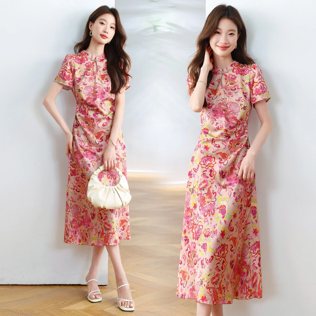 夏装2025新中式国风短袖印花盘扣改良旗袍提花优雅立领修身连衣裙