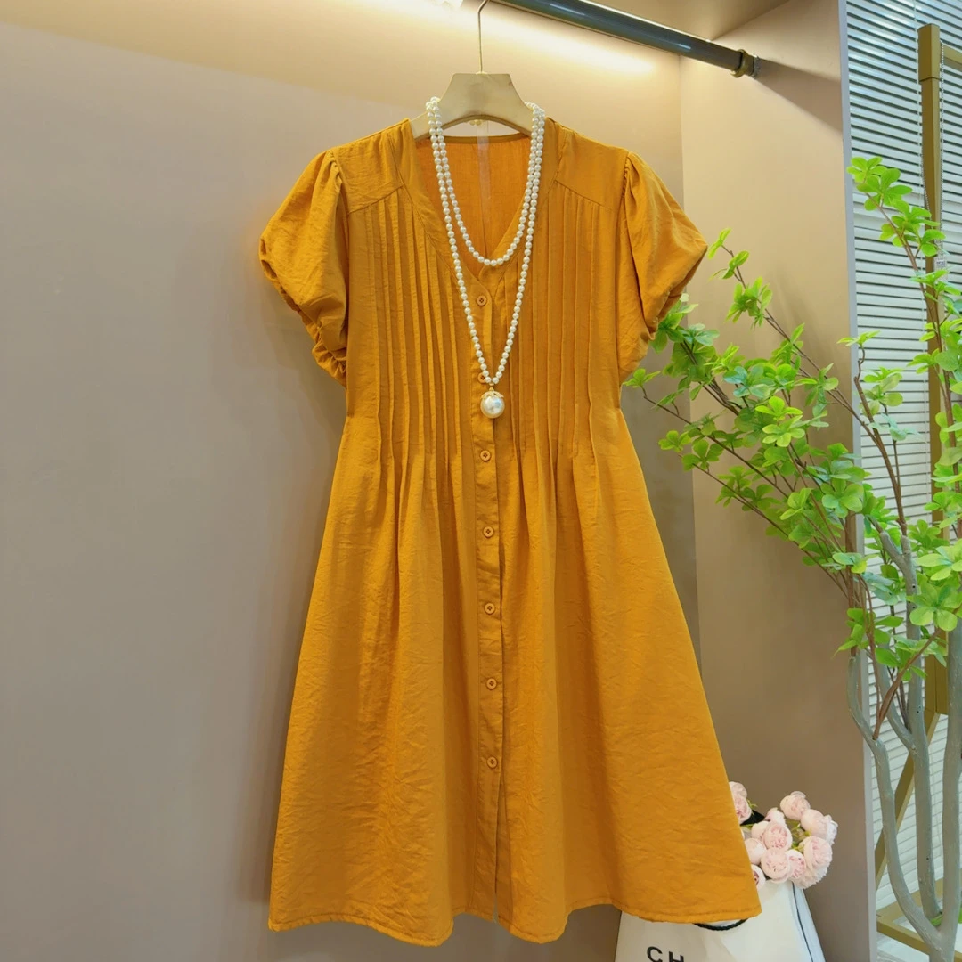 时尚欧货夏季新款系扣泡泡袖设计气质显瘦百搭连衣裙（长95左右）