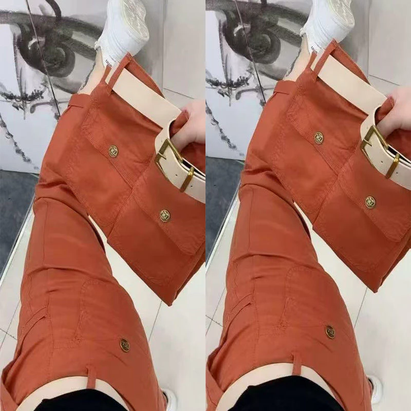 2025夏季桔色牛子棉早春新款休闲裤宽松高腰显瘦百搭九分哈伦洋气
