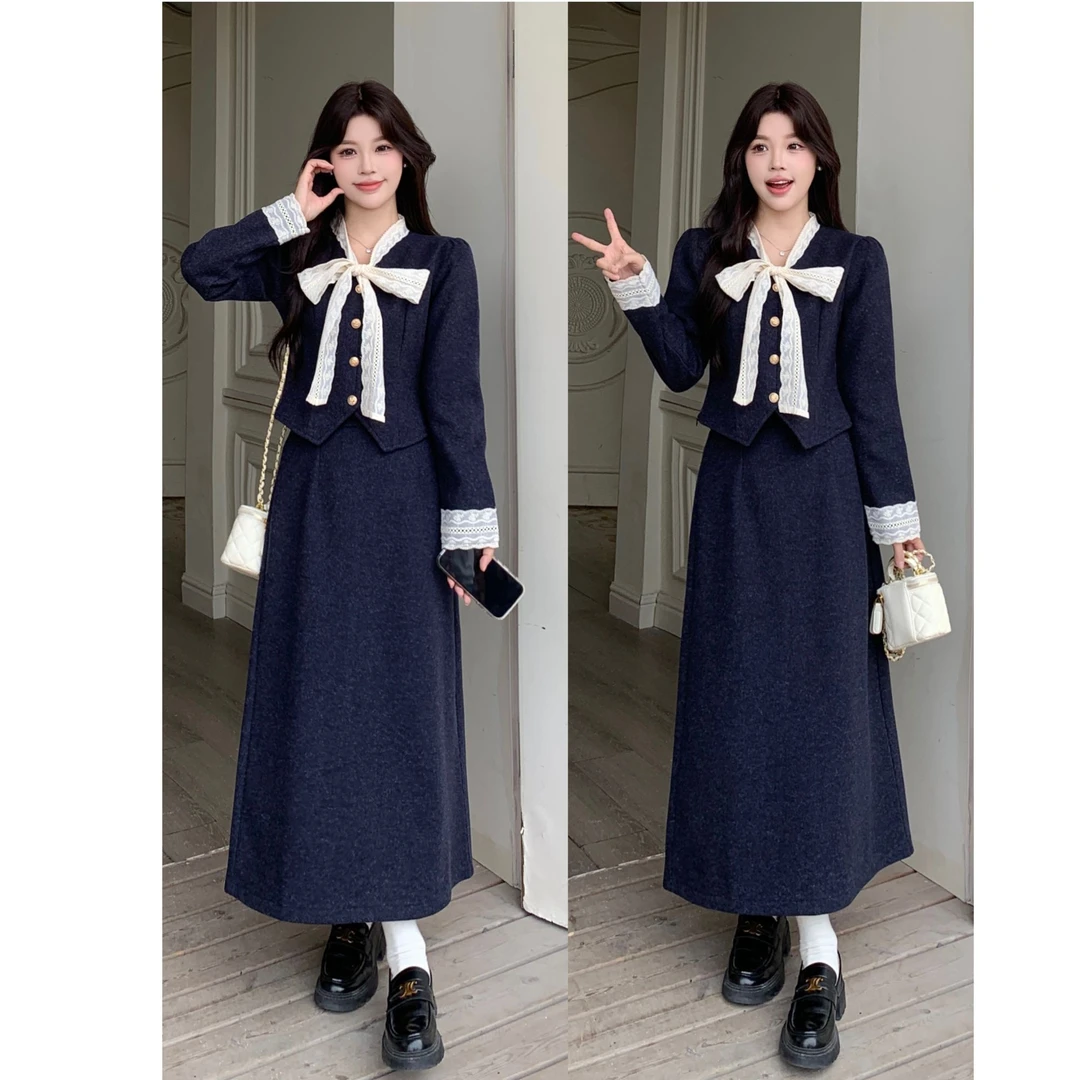 大码秋季法式精致显瘦时尚气质蝴蝶结系带上衣半裙显瘦套装690