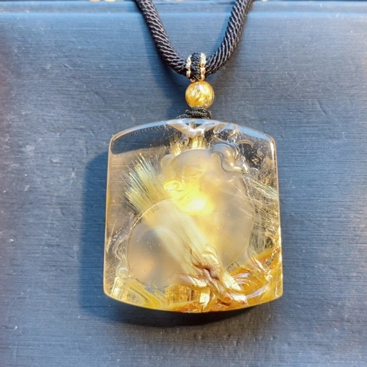 颈饰未镶嵌发晶天然金发晶生肖发财猪无事牌